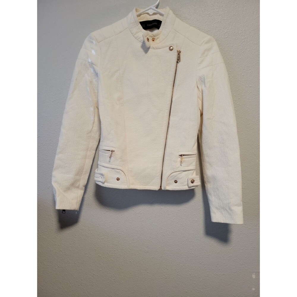 Zara Basic White Textured Moto Biker Jacket 100% Cotton Textured Jacquard (Flaw)
